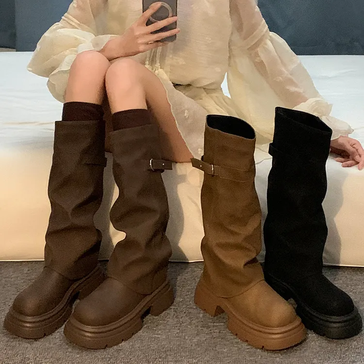 贾不假高筒裤管靴女2025夏季季新款流行洋气英伦厚底炸街机车长靴