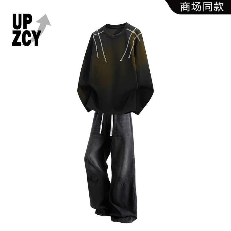 UPZCY美式潮流长袖T恤男款秋季宽松时尚休闲痞帅高街牛仔裤两件套