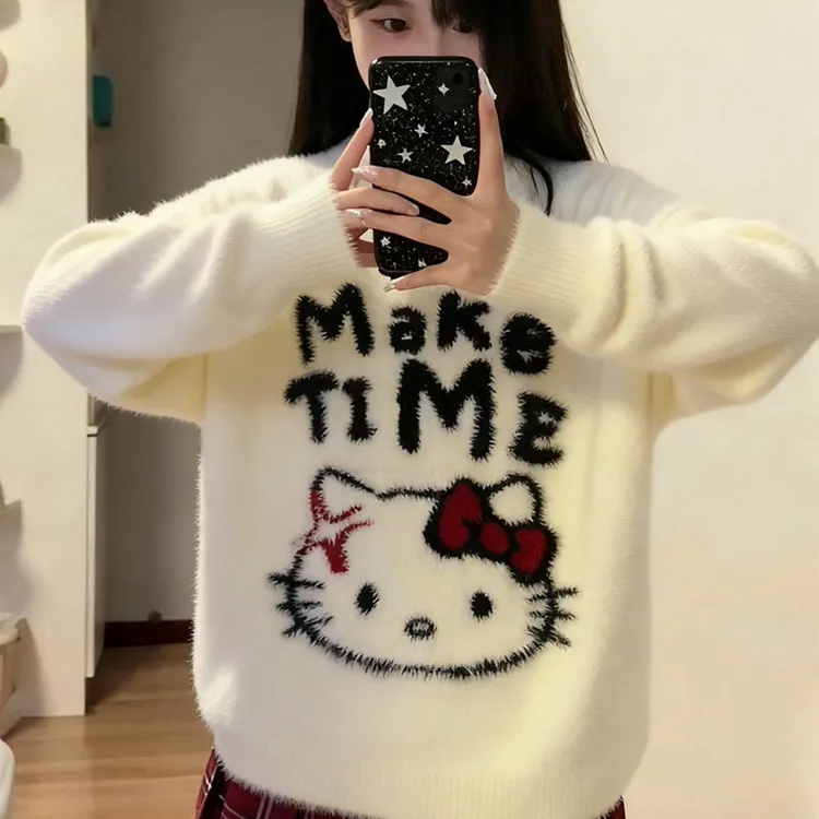 软糯Kitty提花白色毛衣女秋冬新款宽松慵懒风显瘦保暖针织衫上衣