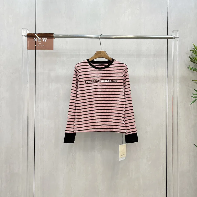 欧货冬季圆领丝绒拼接条纹长袖针织T恤女粉色字母印花T恤潮Z37358