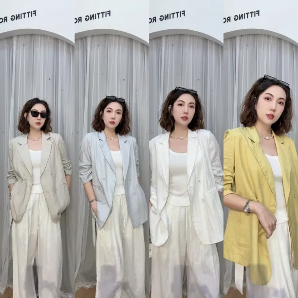 设计感亚麻薄款小西装女2025春夏新款时尚五分袖气质休闲外套