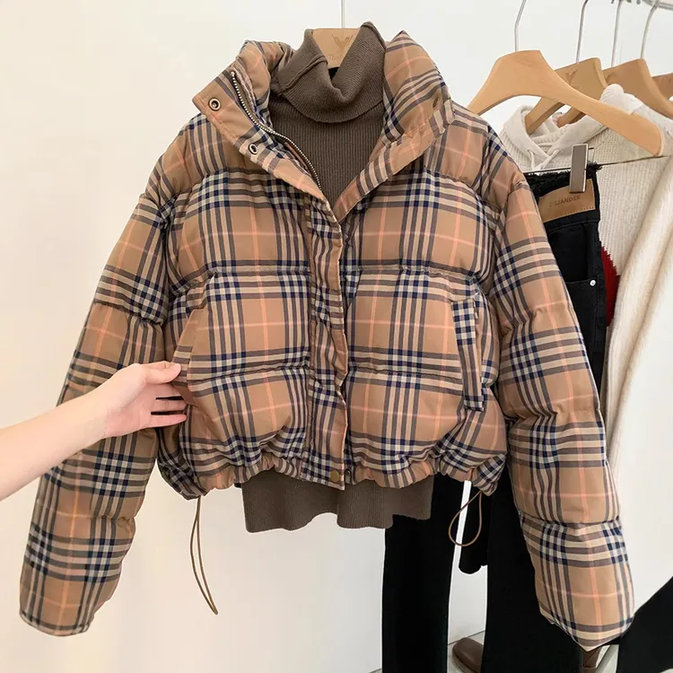 白鸭绒格子短款真羽绒服女秋冬小个子面包服加厚经典外套加厚保暖