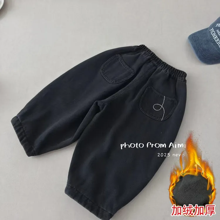 男童加绒裤子一体绒秋冬款2025新款儿童冬季加厚黑色休闲百搭牛仔