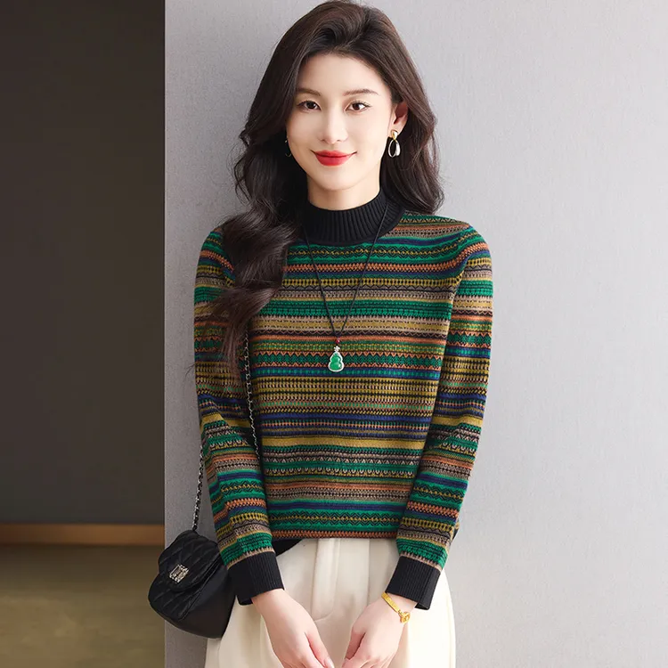 复古民族风100%羊毛衫女秋冬内搭保暖宽松毛衣彩色条纹针织打底衫