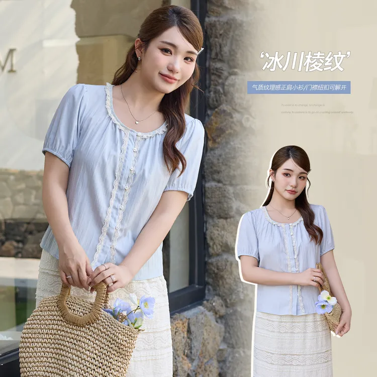 气质花边蕾丝拼接泡泡袖圆领小衫胖mm大码宽松显瘦百搭上衣65271