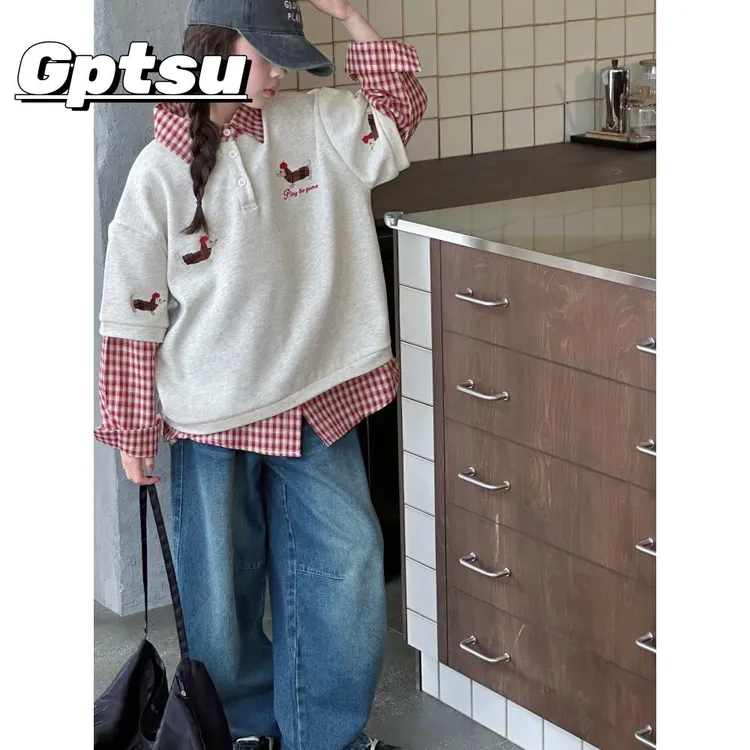 GPTSu女童春秋套装2025款韩版儿童格子翻领卫衣中大童牛仔裤衣服
