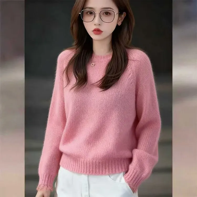 粉色蕾丝拼接马海毛毛衣女秋冬2025新款高级感宽松显瘦百搭上衣