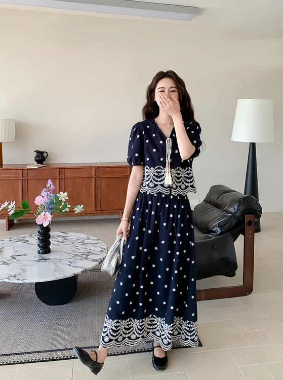 波西米亚风刺绣花系带上衣半身裙套装新款夏季