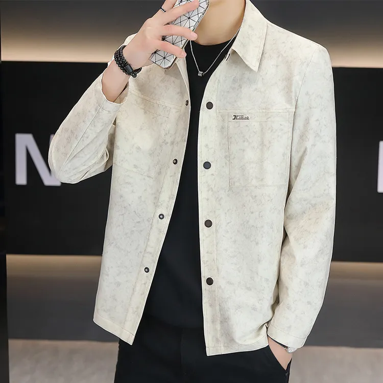 GS春秋季新款翻领纯色夹克男士潮流帅气休闲时尚百搭高级感外套男