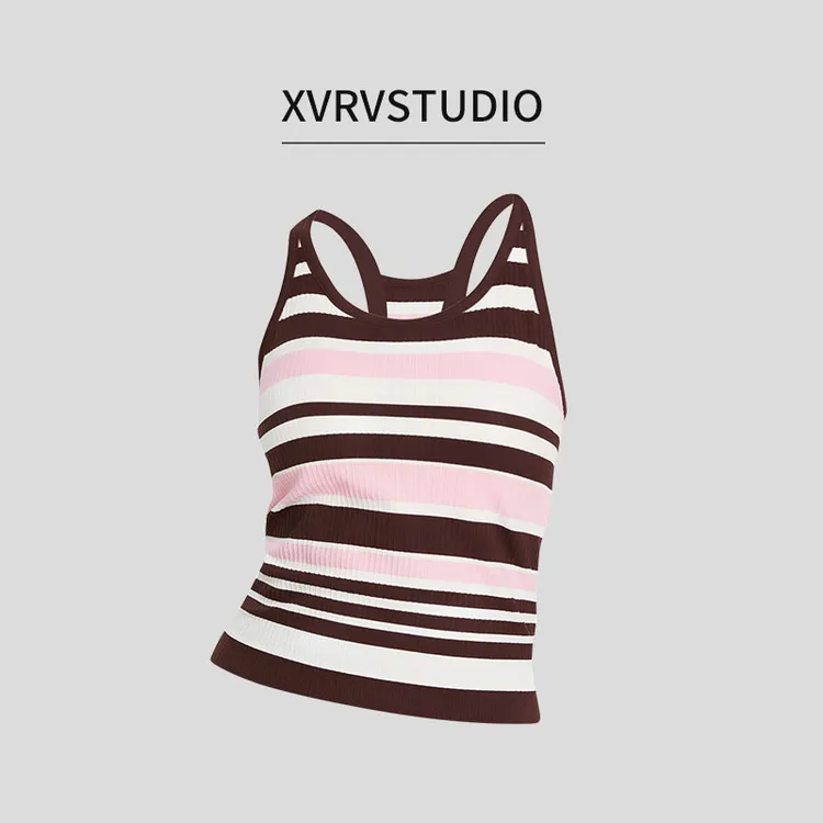 XVRV【夏上新】新款撞色一体织自带罩杯撞色条纹瑜伽工字背运动背心