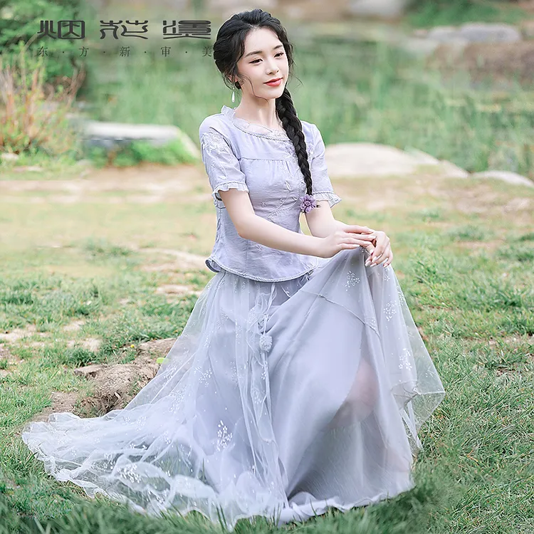 烟花烫国风气质套装女 2025夏季新款灰紫色衬衫半身裙 芳余曼翠