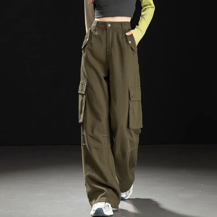 美式复古工装牛仔裤女秋季新款老钱风阔腿裤女多口袋直筒百搭裤子