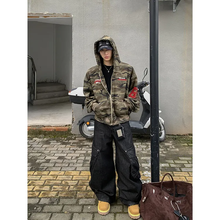 PLTH*秋季新品美式复古潮流迷彩刺绣上衣街头宽松连帽男女卫衣