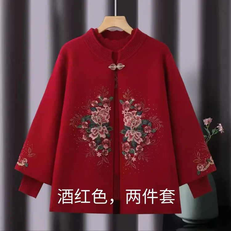 （两件套）圆领厚款对花中老年女装植物花卉常规纯色立领