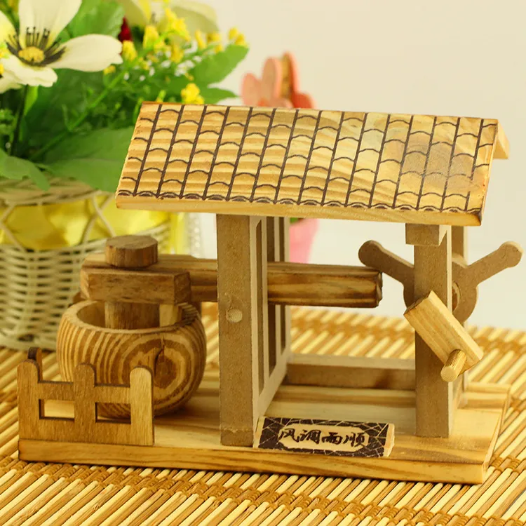 创意木质复古农具摆件风车水车家具茶桌饰品木制微缩模型玩具可动
