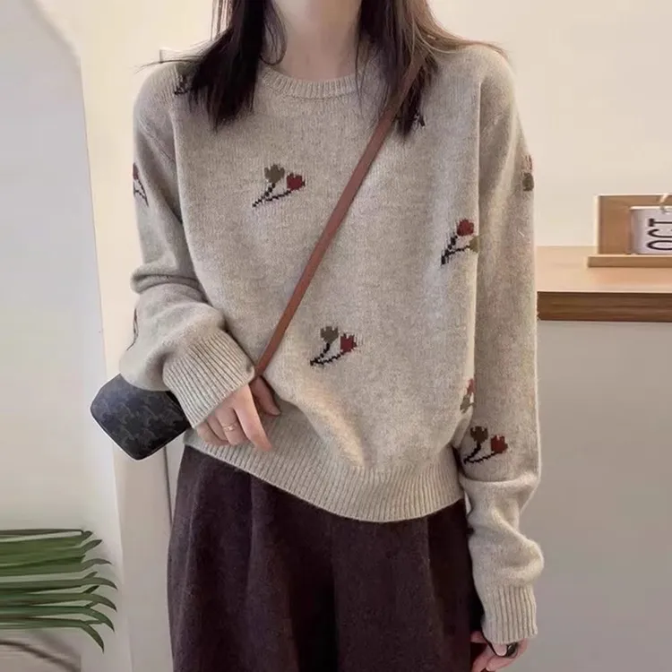 韩版气质温柔风圆领针织衫女秋冬新款时髦洋气套头毛衣显瘦上衣潮