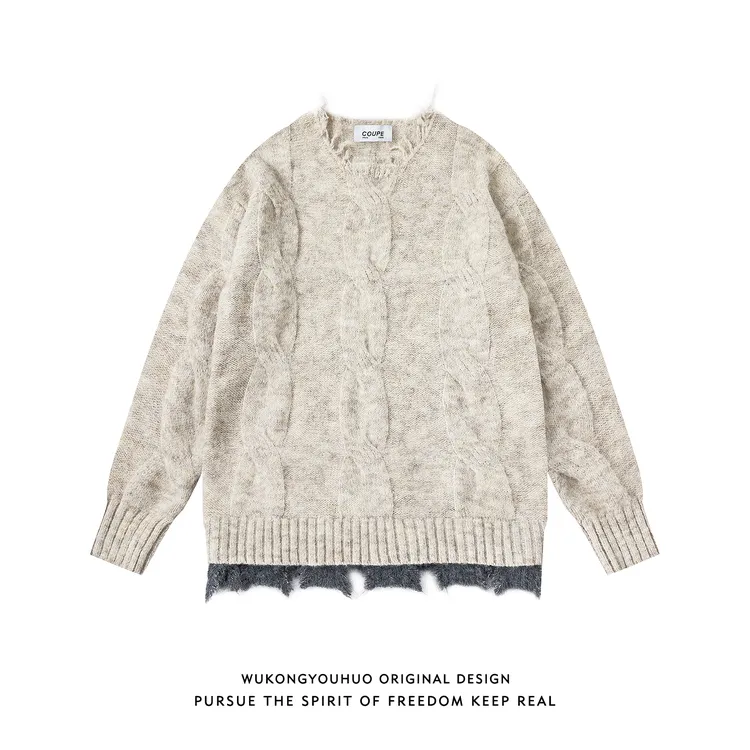 悟空有货秋冬小众扭花混纺假两件毛衣男潮牌宽松休闲保暖针织上衣