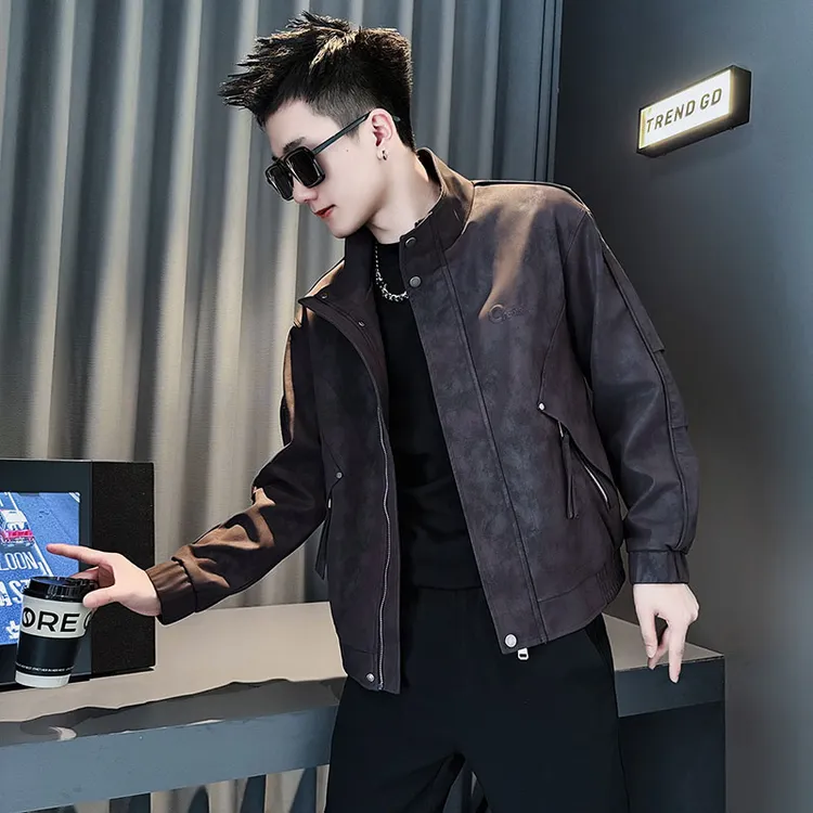 高级感立领皮衣外套男士春秋季潮牌男装做旧皮夹克2025新款上衣服