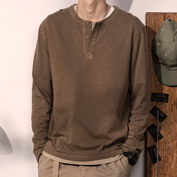 美式复古亨利衫水洗做旧纯棉亨利领长袖T恤男纯色咖啡打底衫内搭