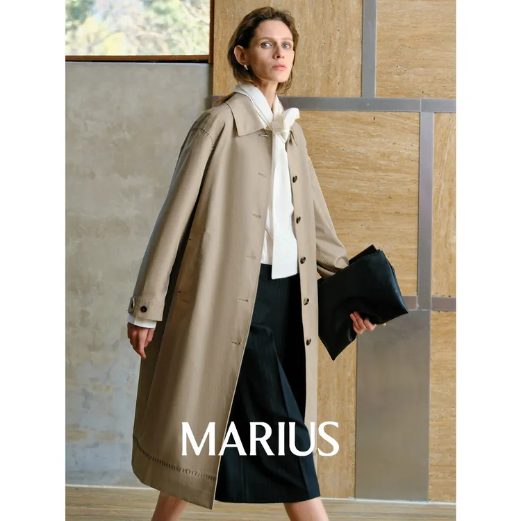 MARIUS“卡姆登”重磅巴恩风斜纹匹马棉宽松缝线长款风衣女