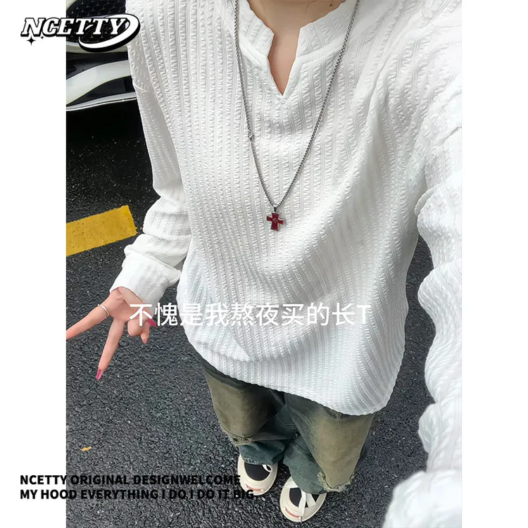 cleanfit白色V领长袖t恤男秋季条纹提花肌理感重磅宽松内搭打底衫