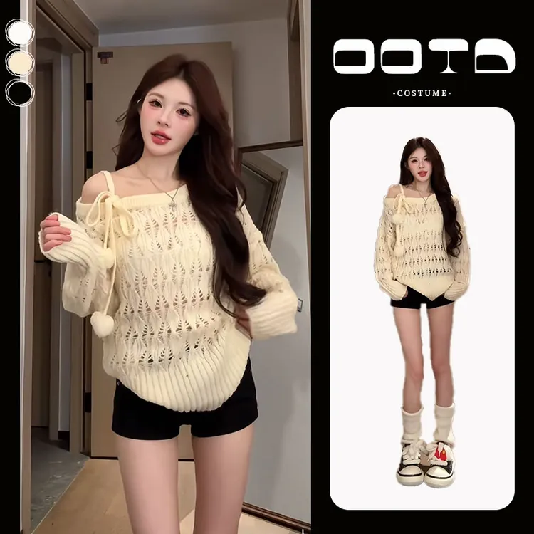 春季一整套女装2025新款韩版设计感露肩镂空针织上衣短裤两件套装
