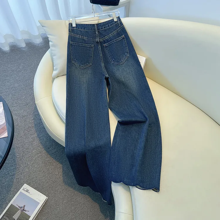 拉夏贝尔蓝色阔腿裤2025新款春秋季时尚气质牛仔裤高腰显瘦女裤子