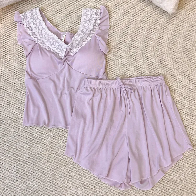 睡衣女春夏带胸垫韩版薄款防凸点蕾丝无袖纯欲法式吊带短裤两件套