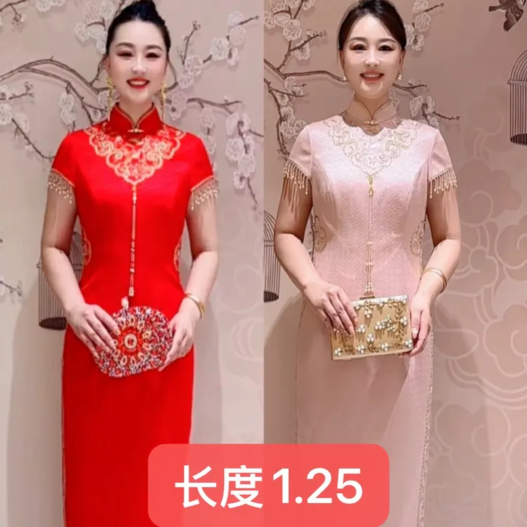 定制款如意重工刺绣收腰销售时尚旗袍礼服C759