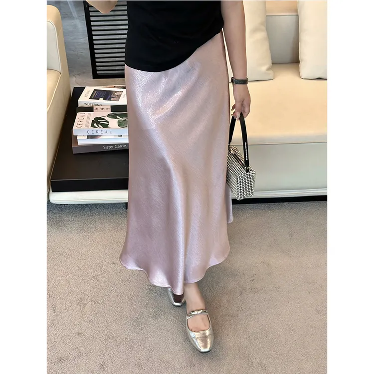 WenWen小个子2025韩系高腰显瘦中长款缎面鱼尾半身裙A字裙4078