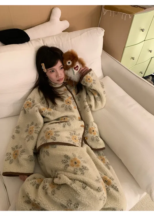 【DMXJ大梦想家】复古简约摇粒绒羊羔毛睡衣女秋冬款保暖家居服套装