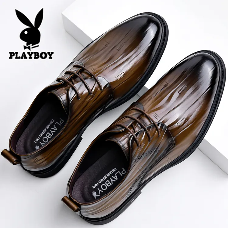 花花公子男士皮鞋真皮商务正装春季内增高棕色尖头结婚新郎鞋大码