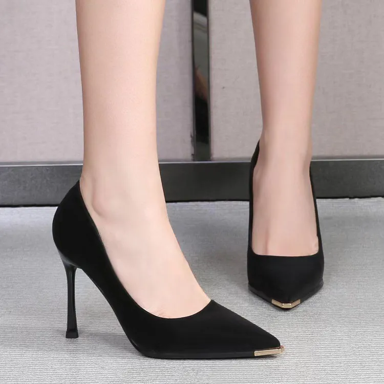 爆款时尚春秋百搭黑色细跟尖头气质性感春季浅口高跟鞋防踢头单鞋