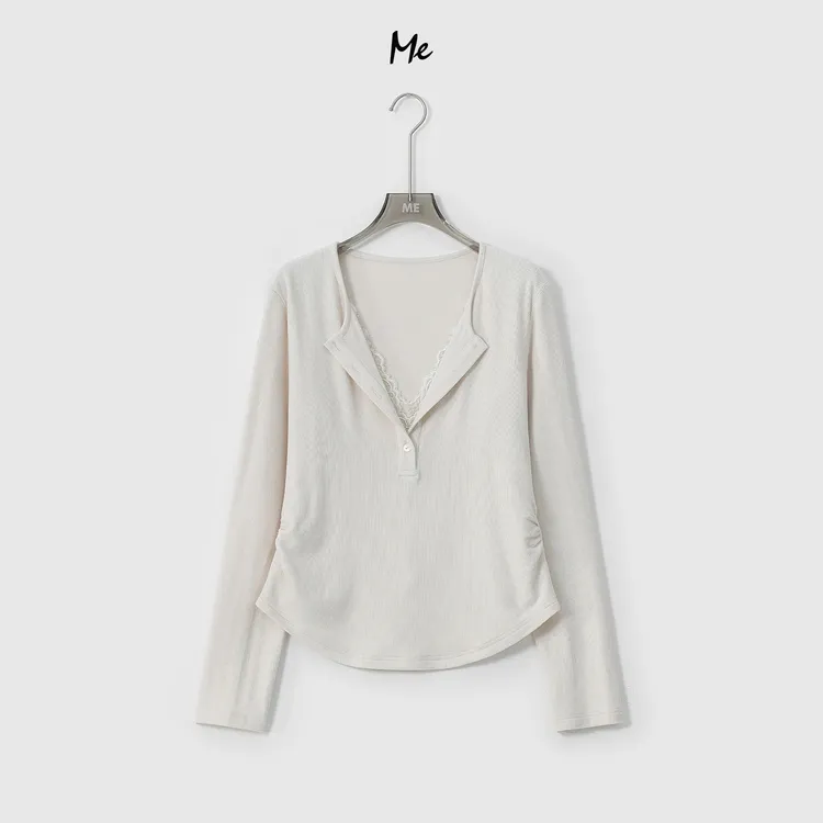 ME【雪芙蕾丝衫（假两件）】超细美利奴羊毛混纺亲肤休闲上衣MESA5749