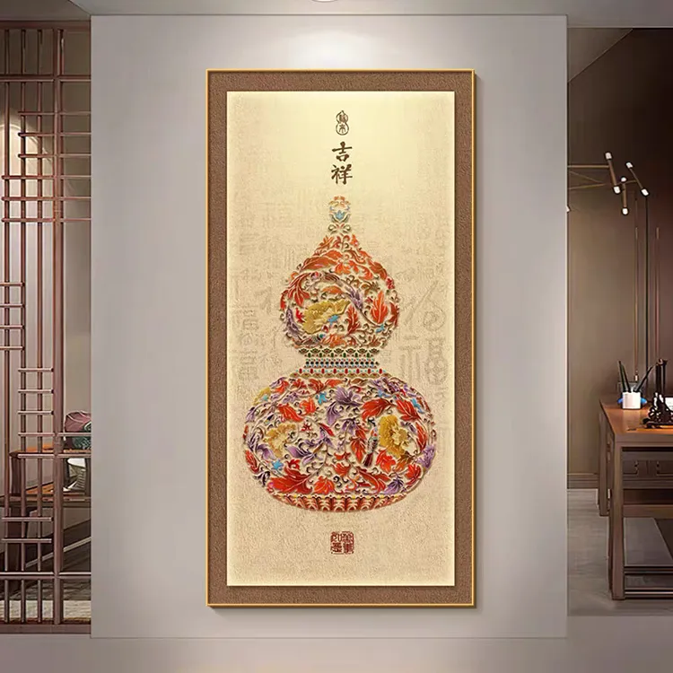新中式入户玄关带灯现代装饰画福禄吉祥图过道走廊壁画立体葫芦