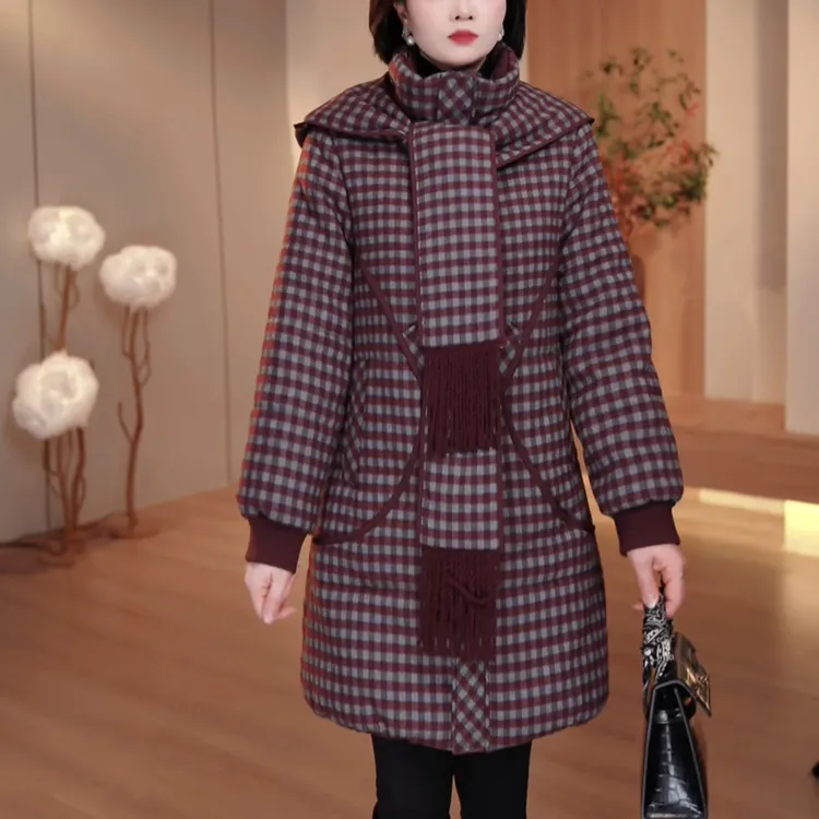 2025年女装可拆卸围巾领棉服外套洋气大码冬装棉袄中长款保暖棉衣