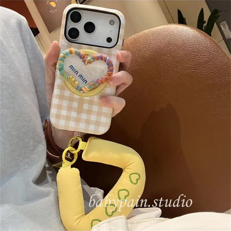 ins韩系磁吸卡白格纹爱心支架适用iPhone17pro手机壳16promax手提