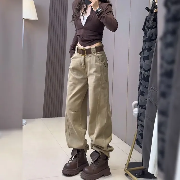 窄版卡其色镰刀弯刀工装牛仔裤女2025秋季新款大码胖mm高腰香蕉裤