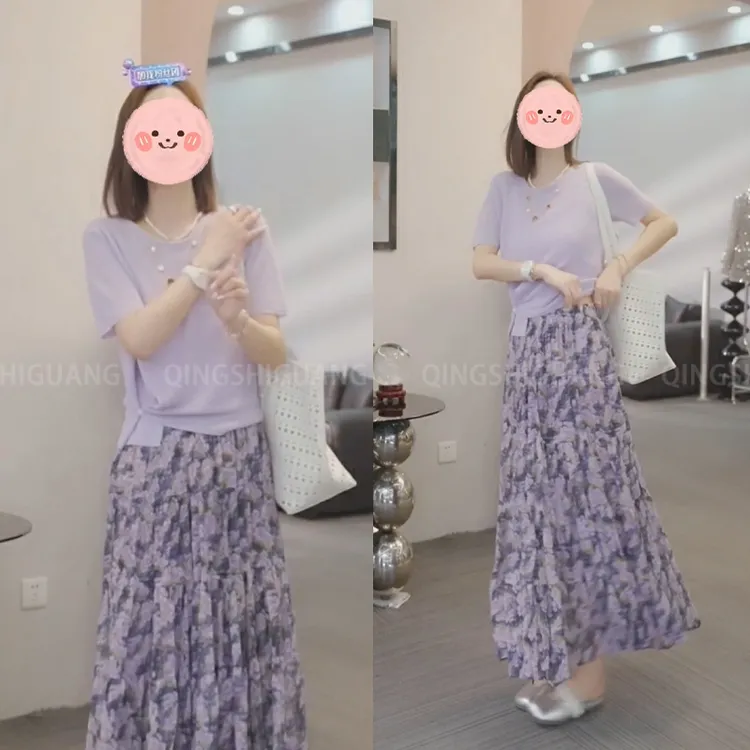 千金贵系衣服设计感纯色T恤女款爆款2025新款高级感高腰半身a字裙