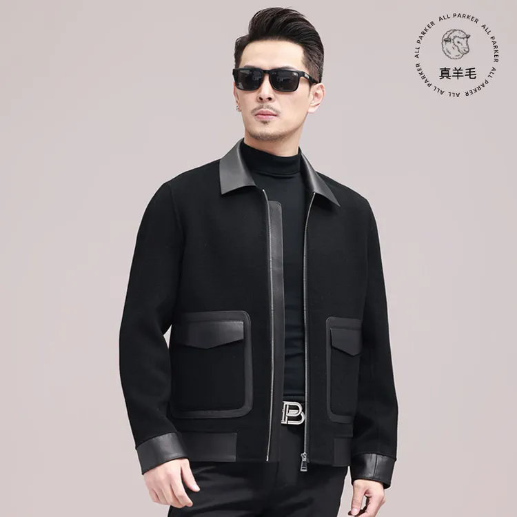 毛呢外套男短款翻领休闲绵羊皮夹克秋冬新款全羊毛双面呢子外套潮