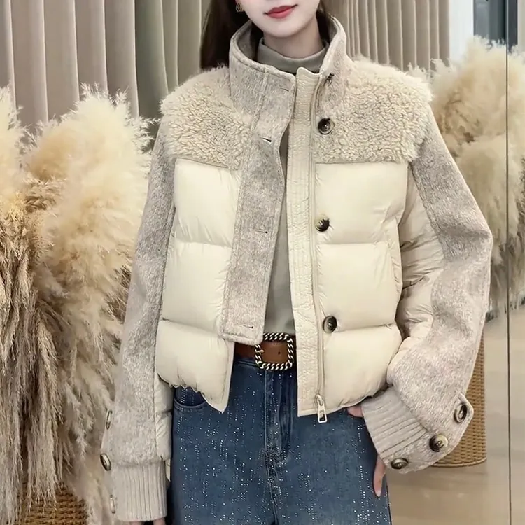 韩系立领拼接羊羔毛棉服外套女秋冬季新款小个子洋气时髦保暖上衣