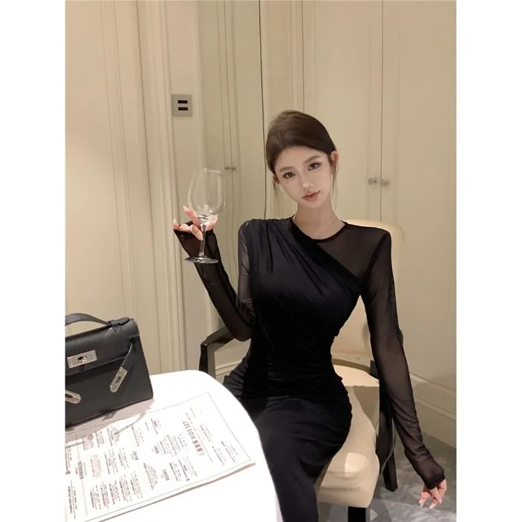 小锦倪子专属复古性感御姐风秋季黑色网纱长袖收腰显瘦包臀连衣裙