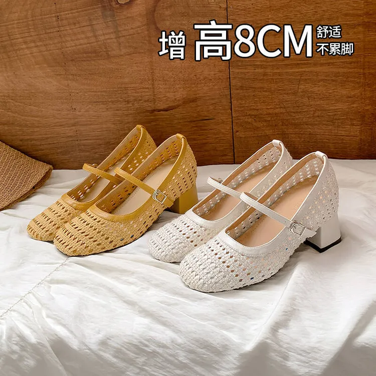 8cm内增高~法式文艺小众编织镂空夏季透气外穿玛丽珍浅口单鞋女