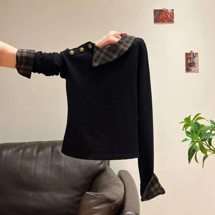 拉夏贝尔韩系辣妹风假两件拼接翻领针织衫女秋冬修身长袖内搭上衣