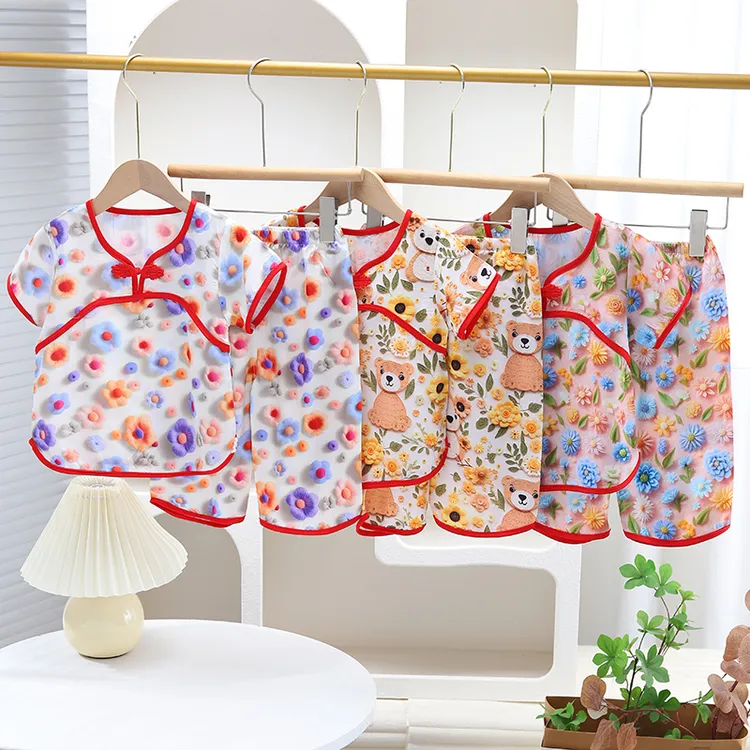 卡通风女宝夏季短袖居家吸汗中国风家居服套装上衣碎花复古女童