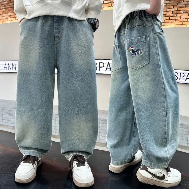 新款男童牛仔长裤春秋款阔腿松紧腰裤子