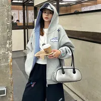 美式高街潮牌logo刺绣连帽开衫情侣秋冬季宽松休闲格子帽外套卫衣
