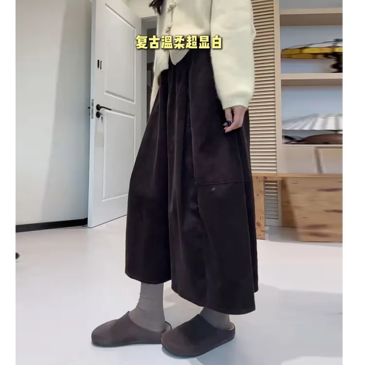 秋季复古温柔咖色花苞阔腿裤女宽松灯芯绒八分裤百搭慵懒休闲裤子