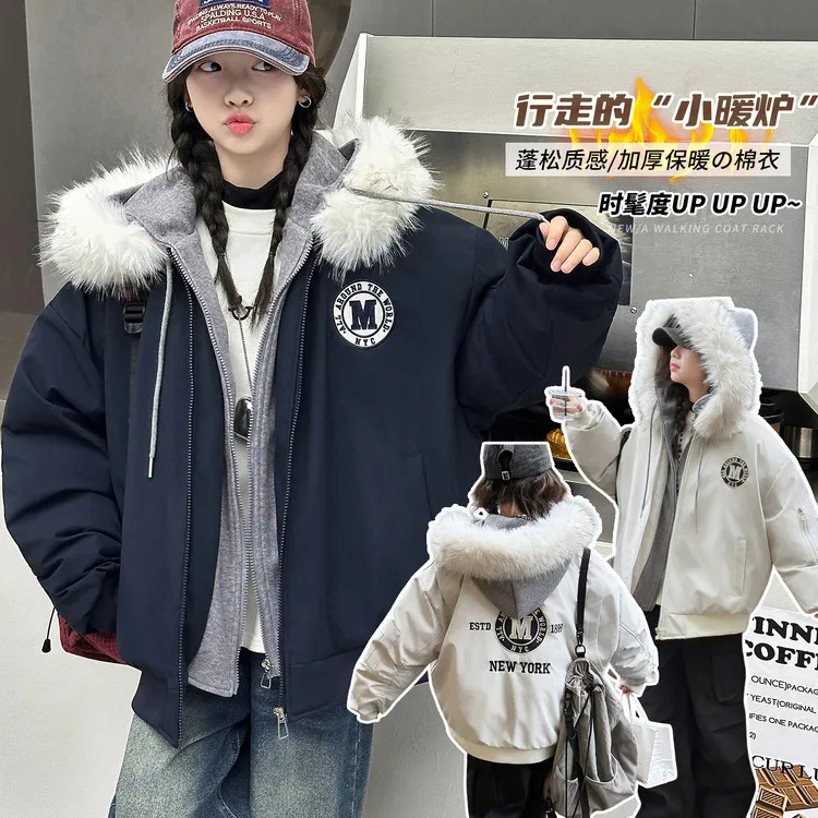 女童爆款棉衣冬季新款中大童加厚大毛领连帽外套女孩网红洋气冬装