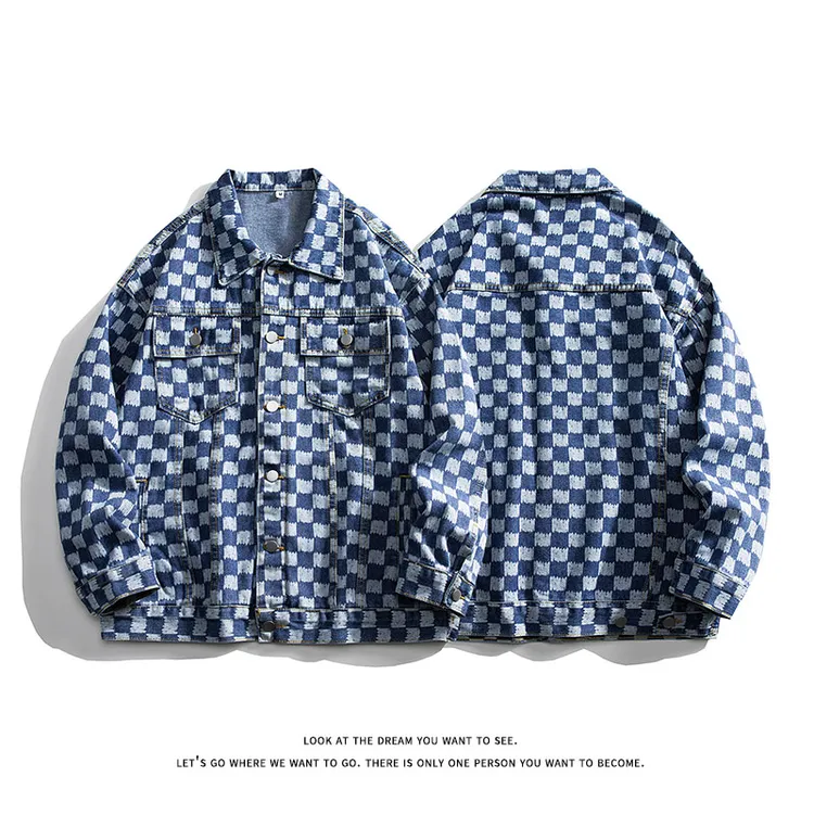 R·super黑色格子牛仔外套男春秋季2025新款休闲宽松美式工装夹克